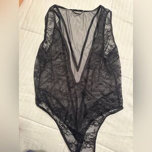 Victoria's Secret Deep V Neck Black Lace Knit Mesh Sleeveless Bodysuit
